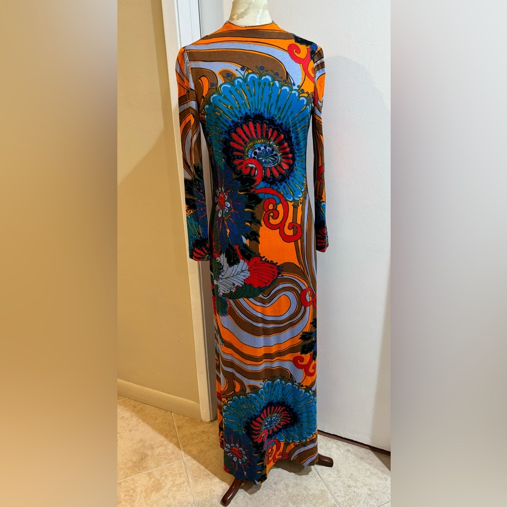 Anne Fogarty Vintage Abstract Funky Colored Zip Up Long Sleeve Full Length Dress